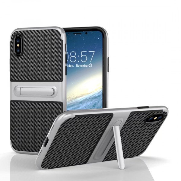 Wholesale Apple iPhone X (Ten) Slim Fit Kickstand Hybrid Case (Silver)